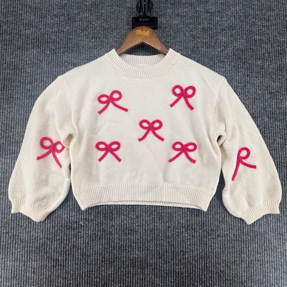 Shop The Mint Sweater Girls 14/16 Cream Excellent Pink 3D Bow Knit Crewneck
